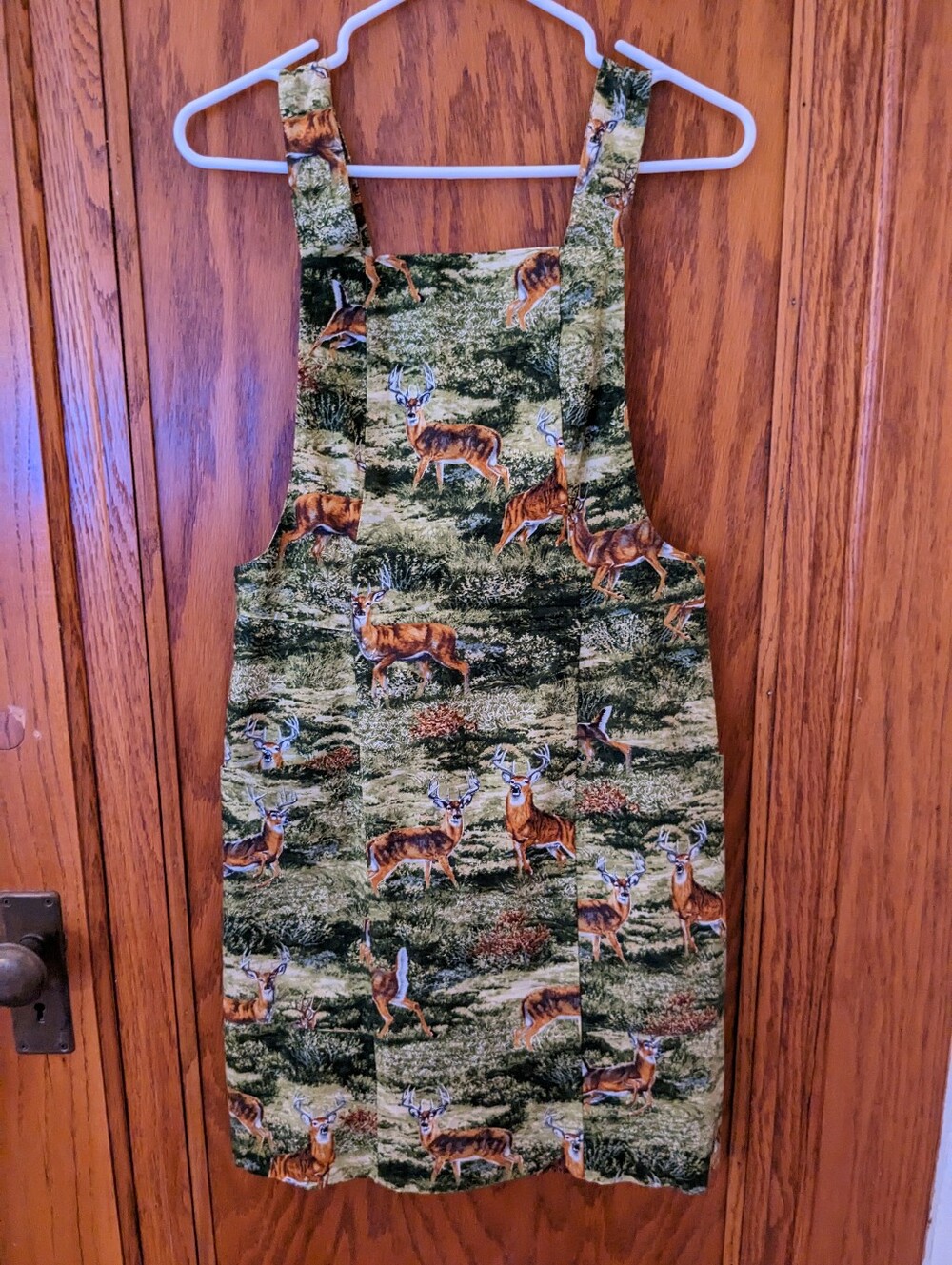 Deer Print Overall Mini Dress in Green and Brown